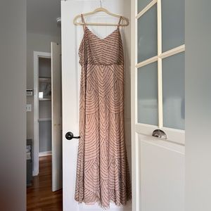 Adrianna Papell Art Deco Beaded Blouson Gown in taupe pink